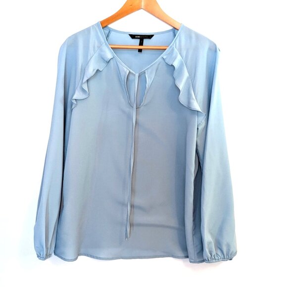 BCBGMAZAZRIA | Satin Blue Long Sleeve Ruffle Shoulder Keyhole Blouse | Medium - Picture 6 of 12